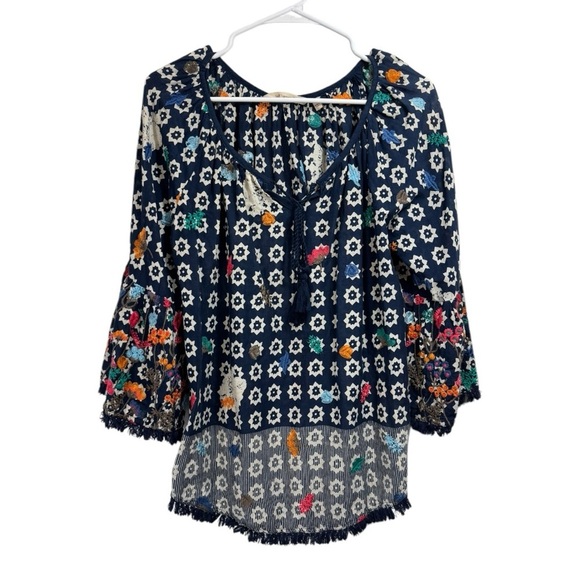 Soft Surroundings Size Small Blue Embroidered Floral Boho Tunic Top Fringe - Picture 1 of 10